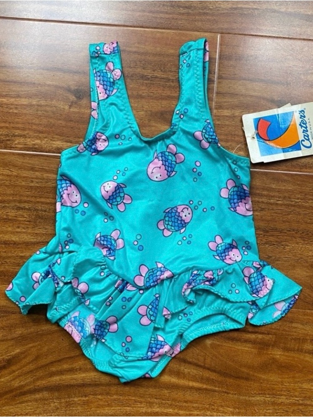 NWT New Vintage Carter's Teal Pink Fish Peplum One Piece Swimsuit Size 24M Beach